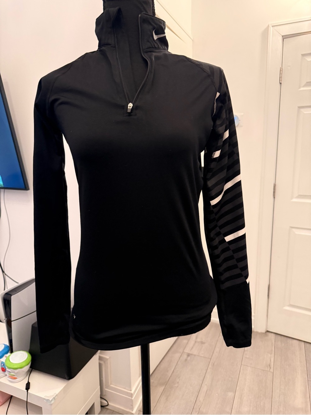 Women’s Black Half-Zip Pullover with Striped Sleeve